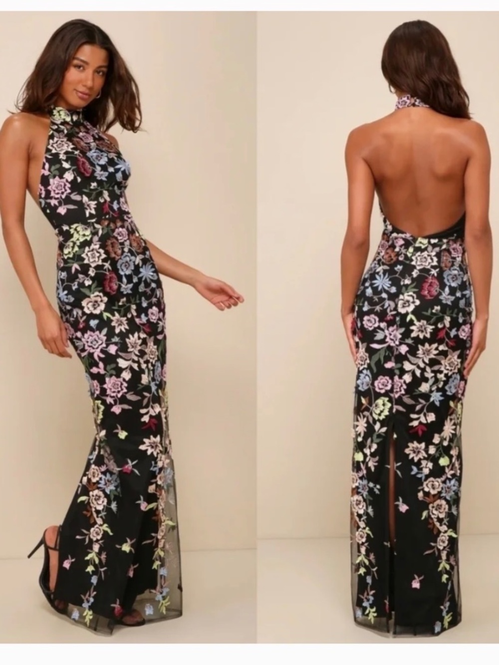 NWT Lulus Infinite Praise Black 3D Floral Embroidered Halter Maxi Dress XS